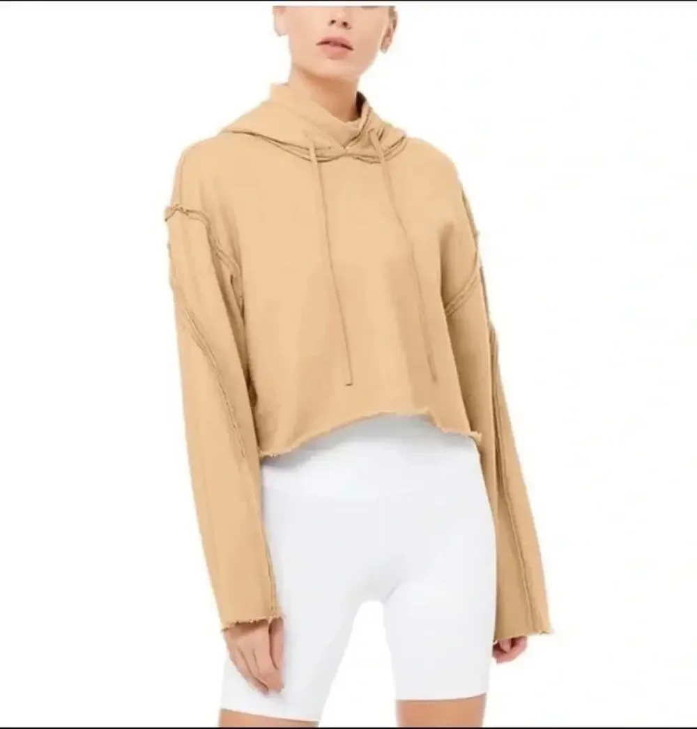 Alo Yoga Effortless Crop Hoodie Funnel Neck Taupe Raw Edge Est Large